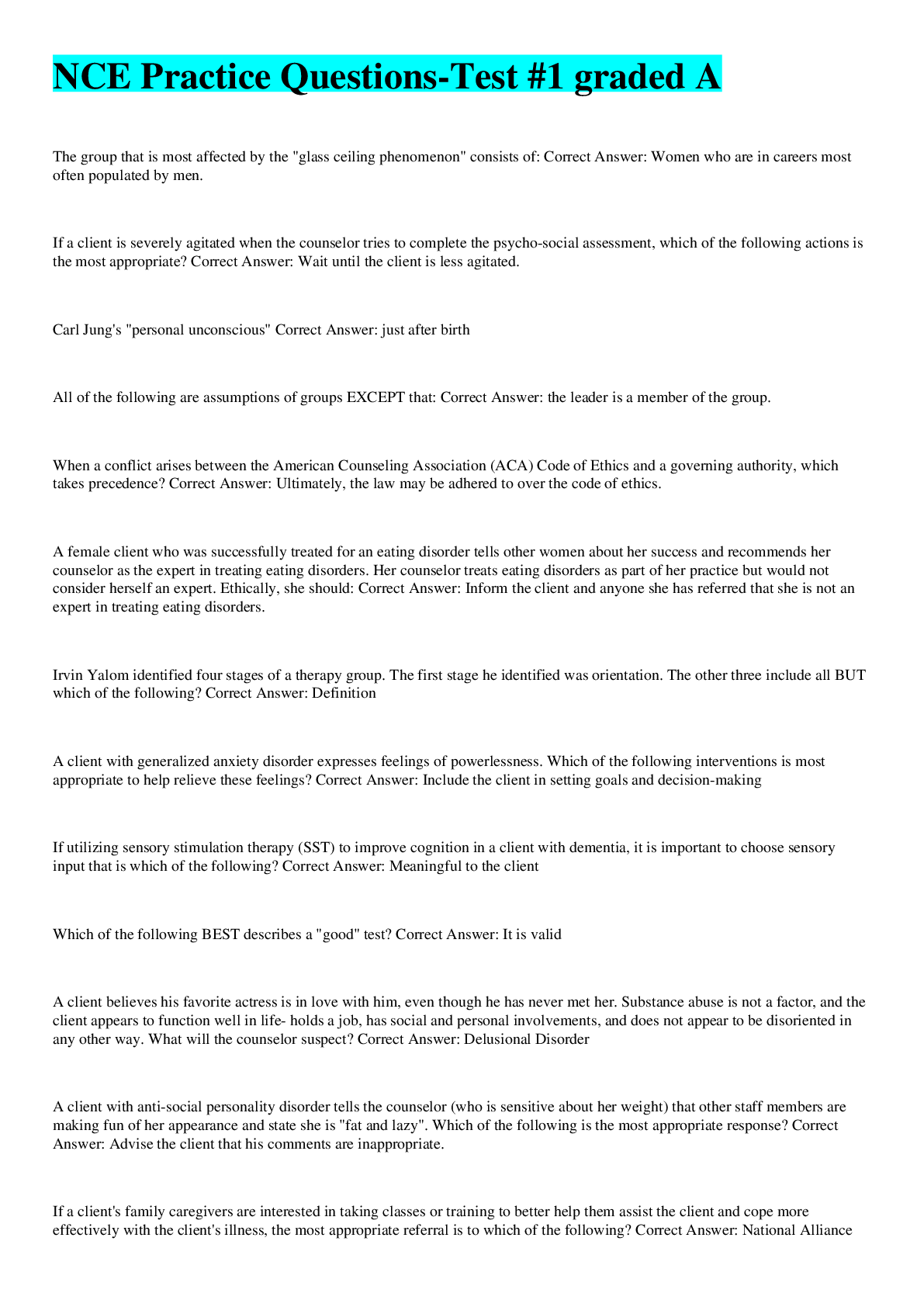 Preview image of NCE Practice Questions-Test #1 graded A document
